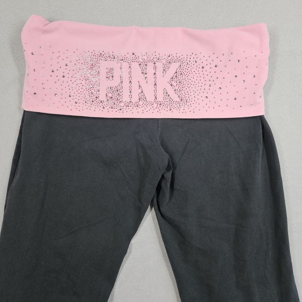Y2K Victoria's Secret Pink Fold Over Yoga Pants Medium Bling Flare Sequin - Picture 2 of 16